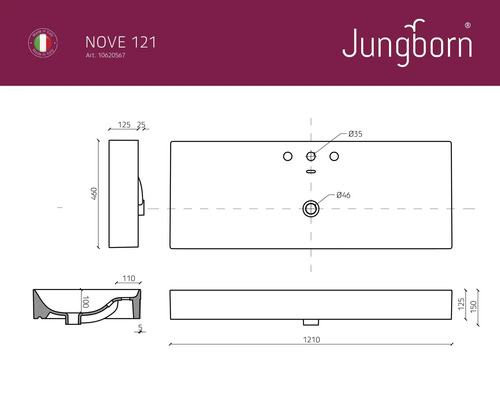 Technický výkres umývadla s rozmermi