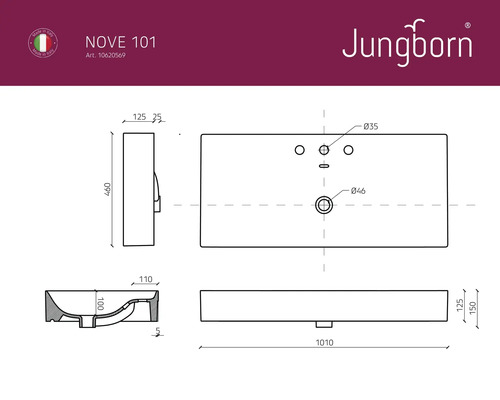 Technický nákres umývadla Jungborn Nove 101 s rozmermi