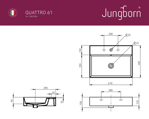 Technický nákres umývadla s rozmermi