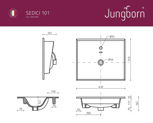 Technický nákres umývadla Jungborn Sedici 101 s rozmermi