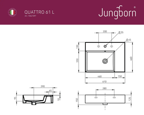 Technický nákres umývadla Jungborn Quattro 61 L s rozmermi