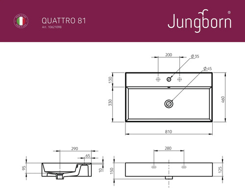 Technický nákres umývadla s rozmermi