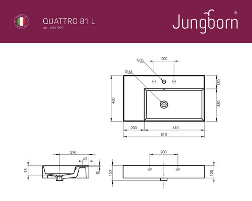 Technický nákres umývadla s rozmermi