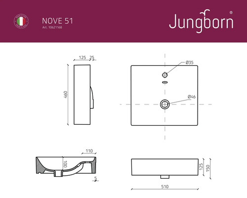 Technický nákres umývadla s rozmermi