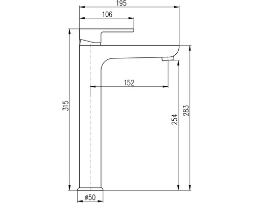 Technický nákres vodovodnej batérie s rozmermi