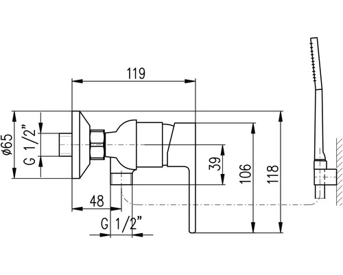 Technický nákres sprchovej batérie s rozmermi