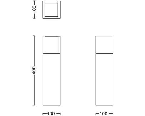Technický nákres stĺpikového svietidla s rozmermi 100 krát 100 krát 400 milimetrov.