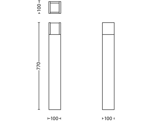 Technický nákres obdĺžnikového stĺpikového svietidla s rozmermi 100 krát 100 krát 770 milimetrov.