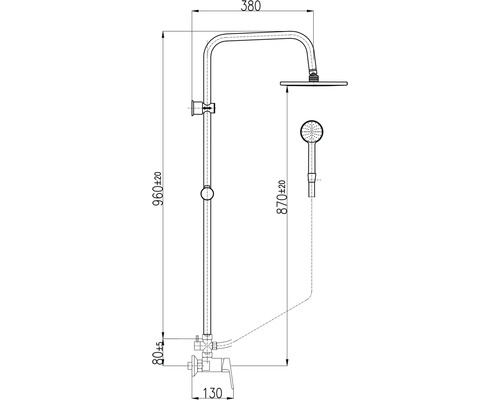 Technický nákres sprchového stĺpa s hlavovou a ručnou sprchou, vrátane rozmerov