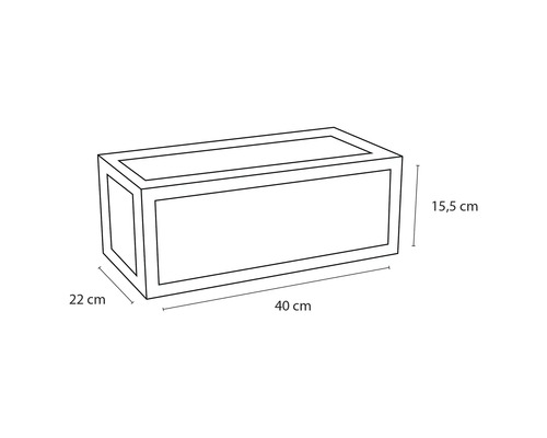 Technický nákres kvetináča s rozmermi 40 cm dĺžka, 22 cm šírka a 15,5 cm výška