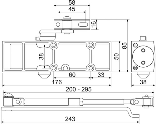 Technický výkres dverového zatvárača s rozmermi