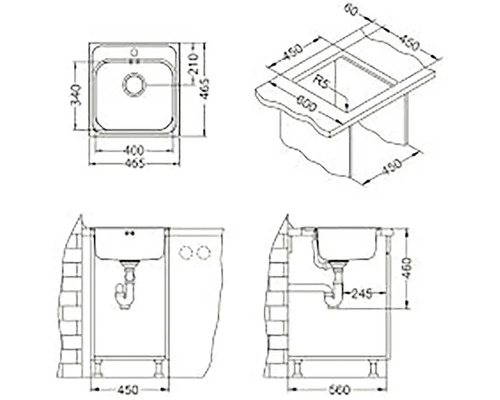 Technický nákres umývadla s rozmermi.