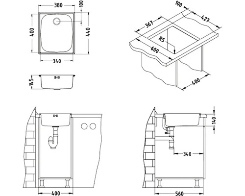 Technický nákres umývadla s rozmermi