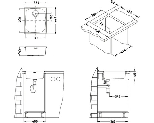 Technický nákres drezu s rozmermi