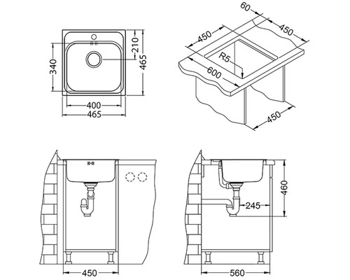 Nákres drezu s rozmermi.
