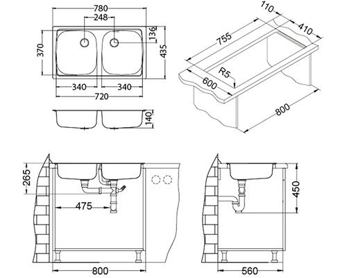Technický nákres dvojitého drezu s rozmermi