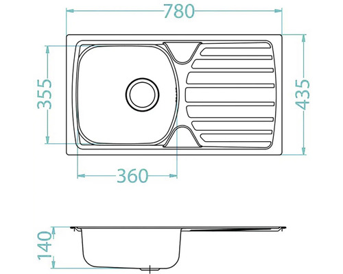 Technický nákres kuchynského drezu s rozmermi.