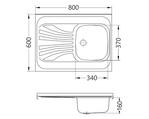 Technický nákres drezu s rozmermi 800 x 600 milimetrov.