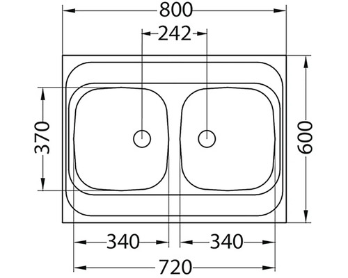 Technický nákres drezu s dvojitou misou a rozmermi.