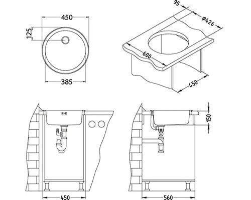 Technický nákres umývadlovej skrinky s rozmermi