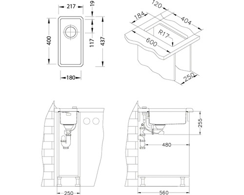 Technický nákres umývadla s rozmermi