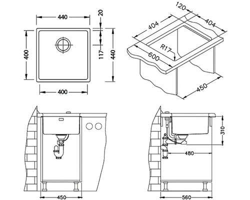 Technický nákres umývadla so skrinkou a rozmermi
