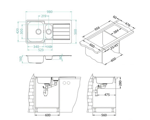 Technický nákres kuchynského drezu s rozmermi
