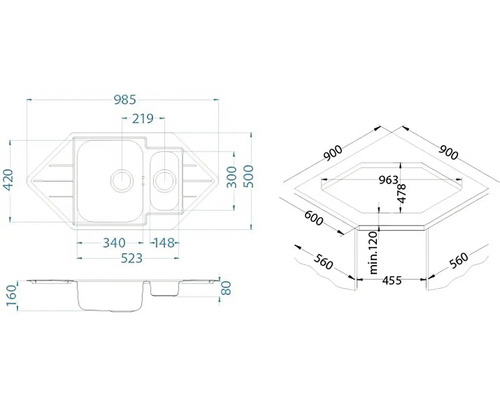 Technický nákres rohového drezu s rozmermi