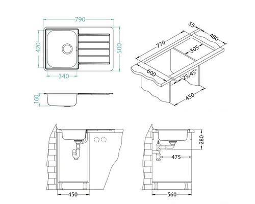 Technický nákres drezu s rozmermi