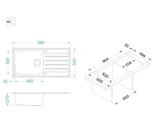 Nákres kuchynského drezu s rozmermi