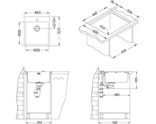 Technický nákres drezu s rozmermi.