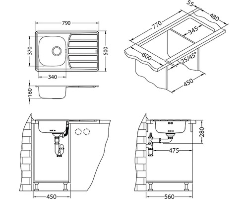 Technický nákres kuchynského drezu s rozmermi.