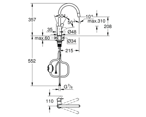 Technický nákres kuchynskej batérie s rozmermi