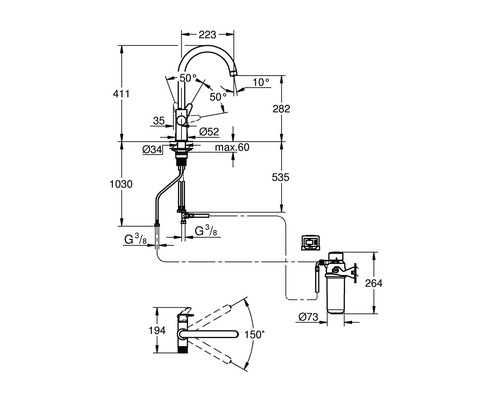 Technický nákres kuchynskej batérie s rozmermi