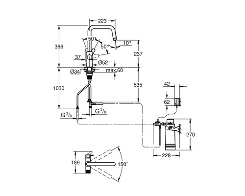 Technický nákres kuchynskej batérie s rozmermi
