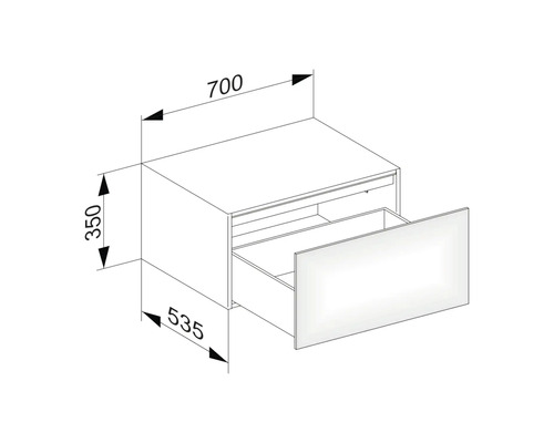 Technický nákres skrinky pod umývadlo so zásuvkou a rozmermi