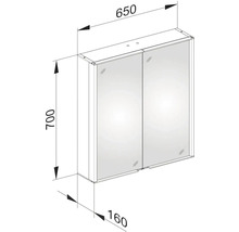 Technický nákres zrkadlovej skrinky so šírkou 650 mm, výškou 700 mm a hĺbkou 160 mm.