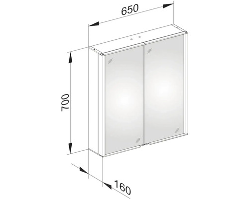 Technický nákres zrkadlovej skrinky so šírkou 650 mm, výškou 700 mm a hĺbkou 160 mm.