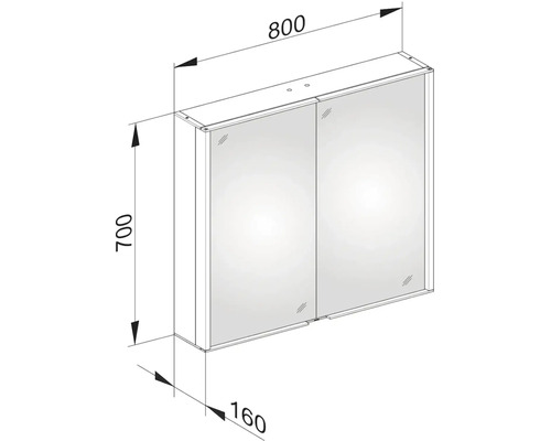 Technický nákres zrkadlovej skrinky s rozmermi: šírka 800 mm, výška 700 mm, hĺbka 160 mm.