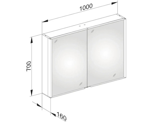 Technický nákres zrkadlovej skrinky s rozmermi 1000 x 700 x 160 milimetrov