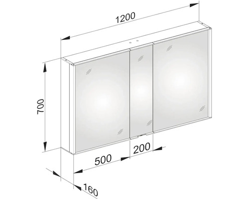 Technický nákres zrkadlovej skrinky s rozmermi