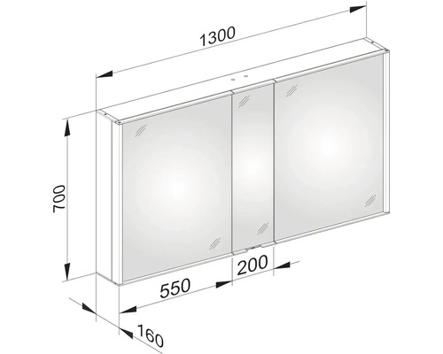Technický nákres zrkadlovej skrinky s rozmermi