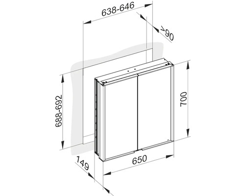 Technický výkres zrkadlovej skrinky s rozmermi