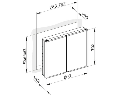 Technický výkres zrkadlovej skrinky s rozmermi