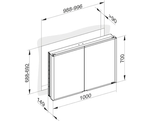 Technický výkres zrkadlovej skrinky s rozmermi