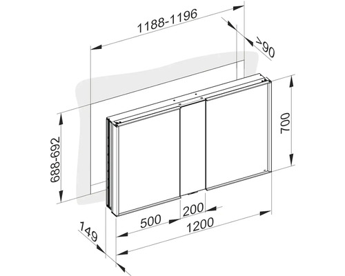 Technický nákres zrkadlovej skrinky s rozmermi