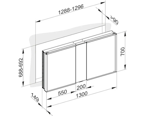 Technický nákres sprchovej steny s rozmermi.