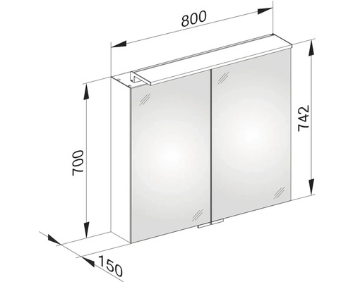 Technický nákres zrkadlovej skrinky s rozmermi.