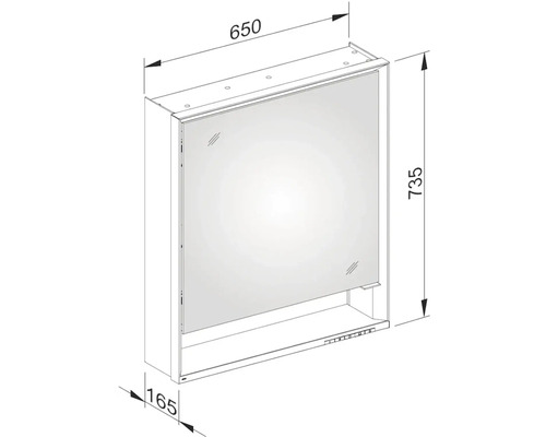 Technický výkres zrkadlovej skrinky s rozmermi.