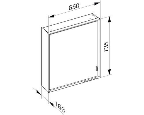Technický nákres zrkadlovej skrinky s rozmermi 650 x 735 x 166 mm.